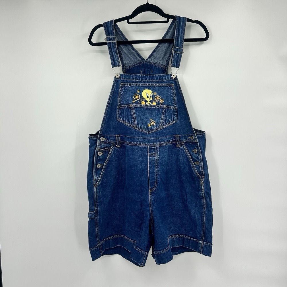 Vintage Looney Tunes Tweety Bird Denim Shortalls Womens 16/18 Overalls Y2K